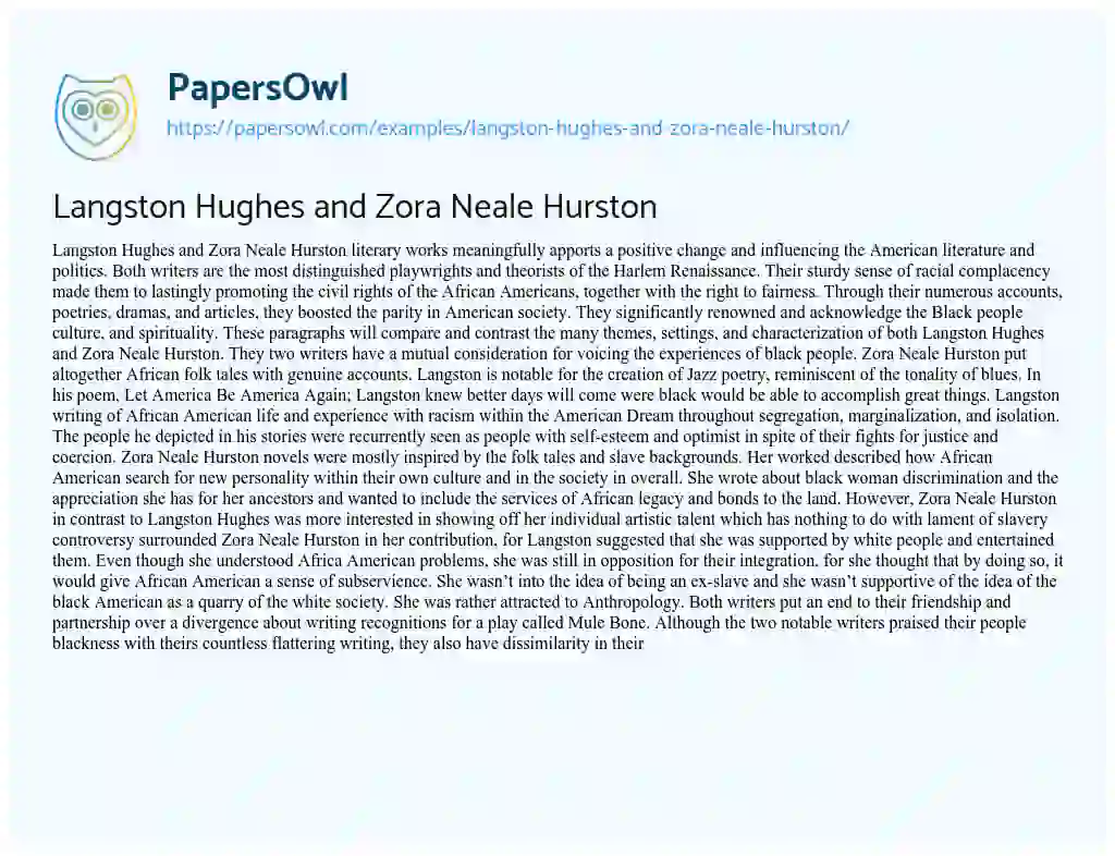 Essay on Langston Hughes and Zora Neale Hurston