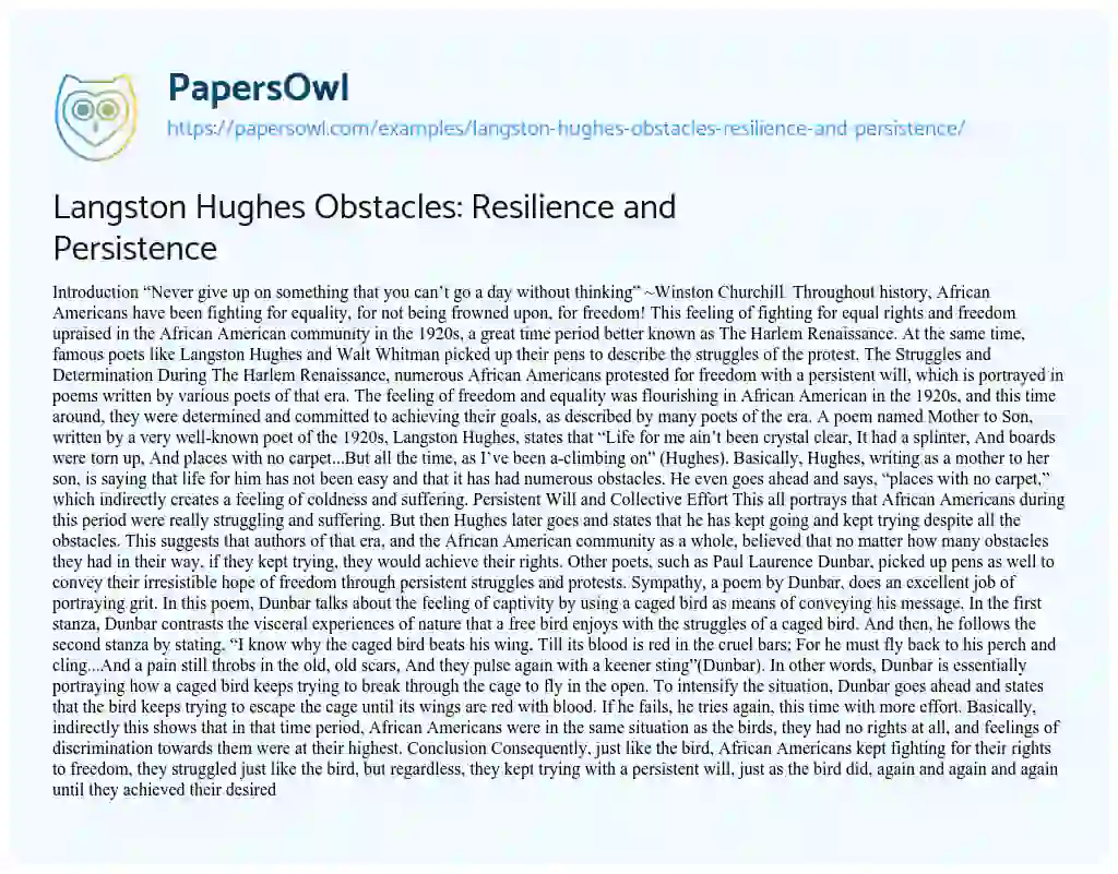 Essay on Langston Hughes Obstacles: Resilience and Persistence
