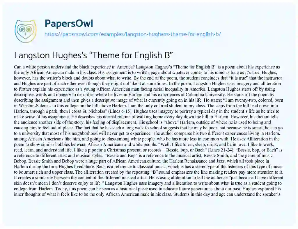Essay on Langston Hughes’s “Theme for English B”
