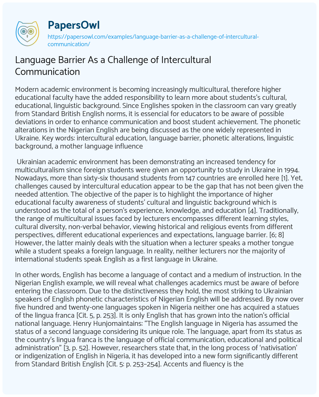 Essay on Language Barrier as a Challenge of Intercultural Communication