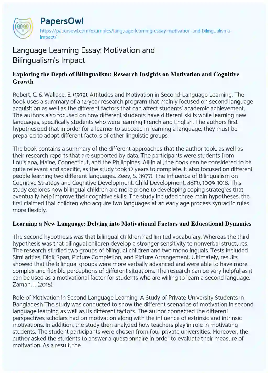 Essay on Language Learning Essay: Motivation and Bilingualism’s Impact