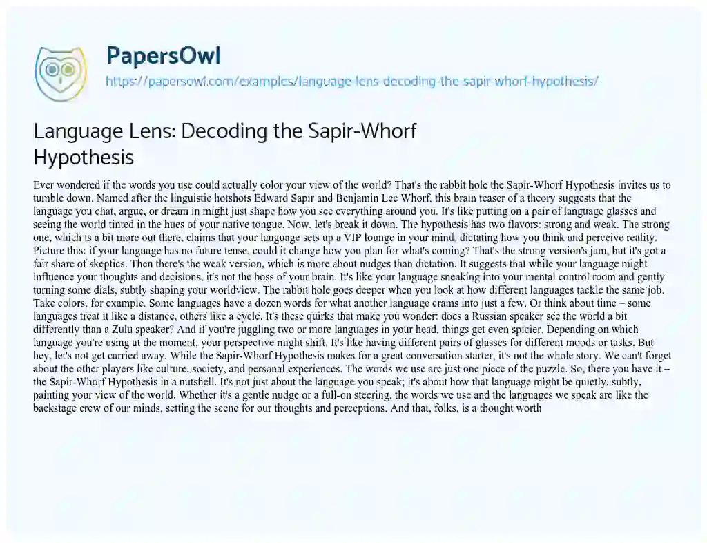 Essay on Language Lens: Decoding the Sapir-Whorf Hypothesis
