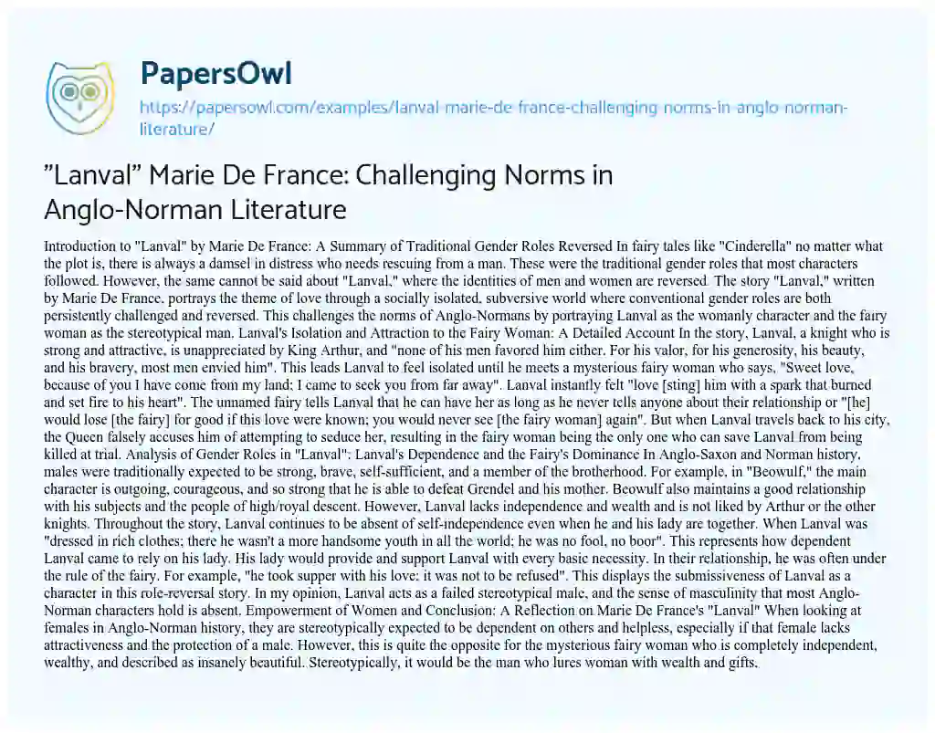 Essay on “Lanval” Marie De France: Challenging Norms in Anglo-Norman Literature