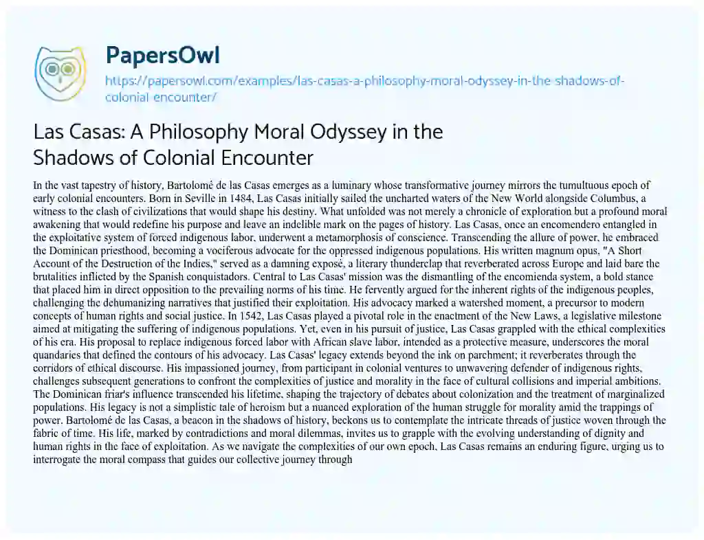 Essay on Las Casas: a Philosophy Moral Odyssey in the Shadows of Colonial Encounter