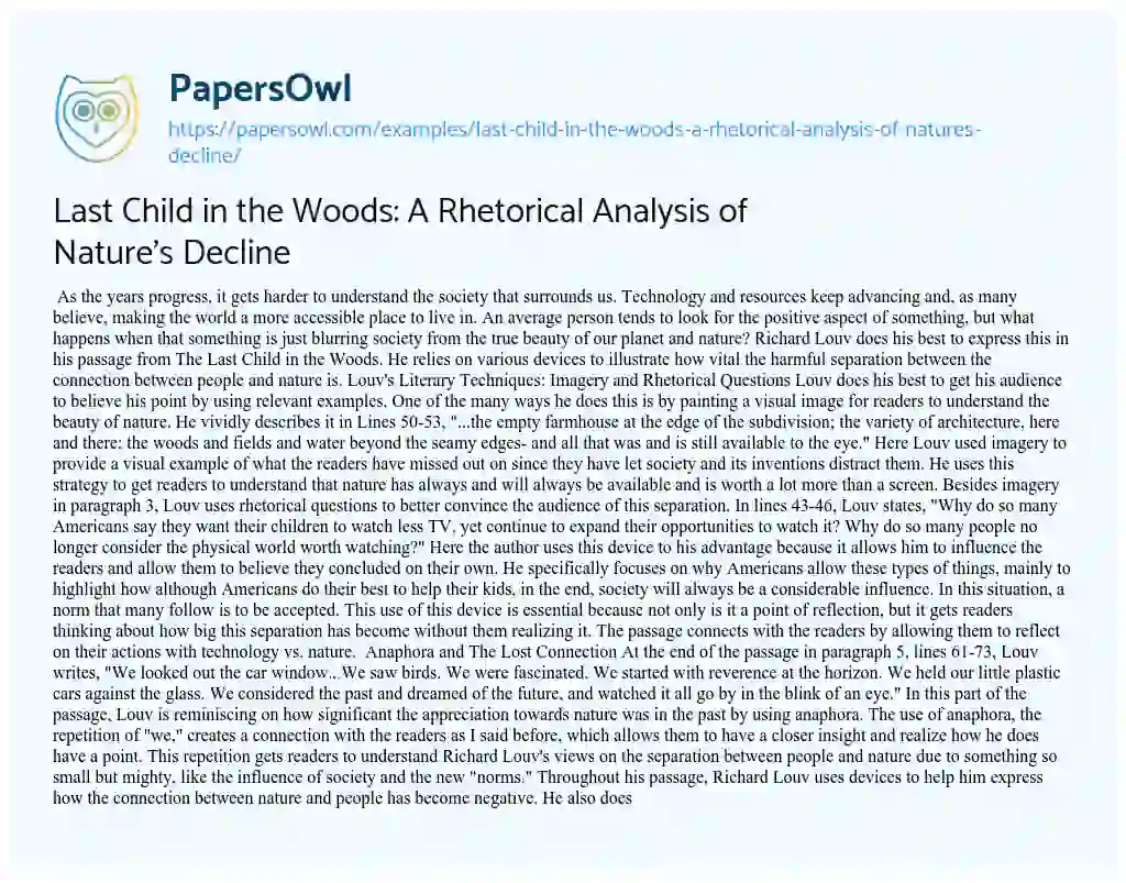 Essay on Last Child in the Woods: a Rhetorical Analysis of Nature’s Decline