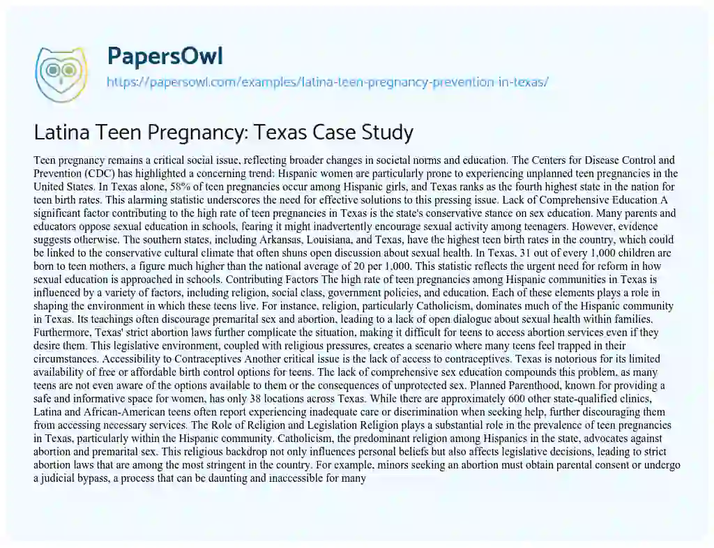 Essay on Latina Teen Pregnancy Prevention in Texas