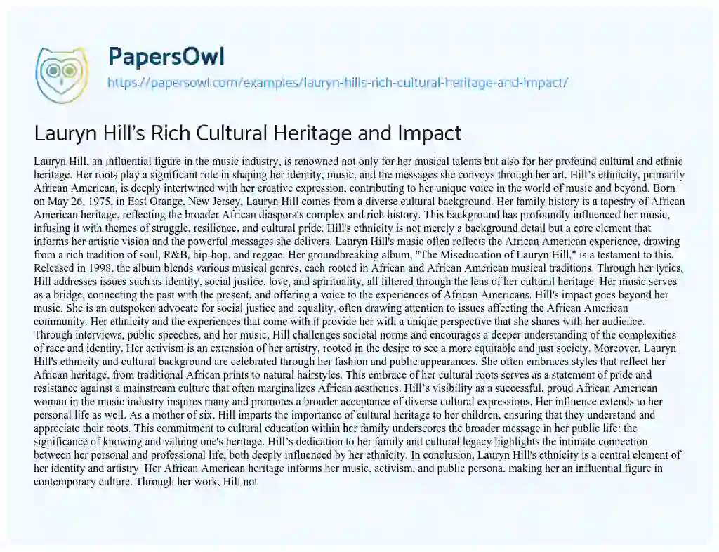 Essay on Lauryn Hill’s Rich Cultural Heritage and Impact