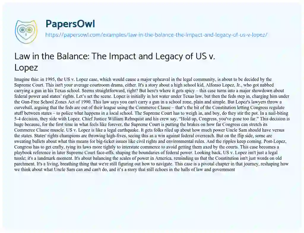 Essay on Law in the Balance: the Impact and Legacy of US V. Lopez