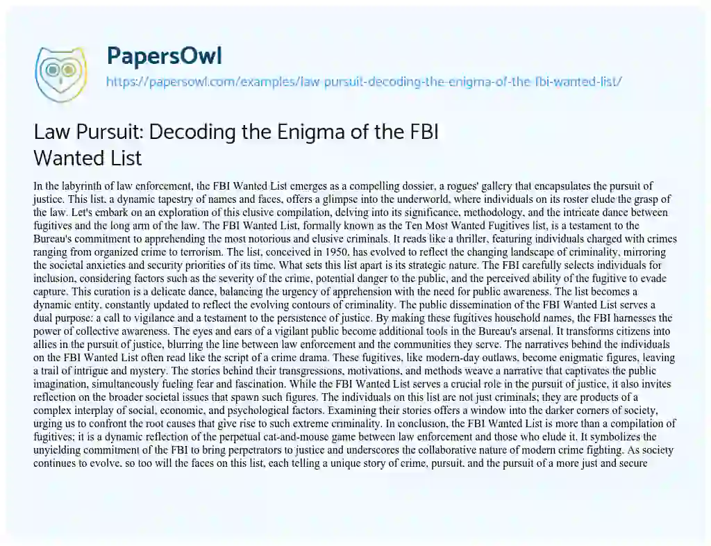 Essay on Law Pursuit: Decoding the Enigma of the FBI Wanted List