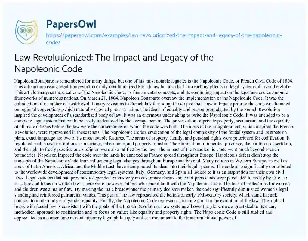 Essay on Law Revolutionized: the Impact and Legacy of the Napoleonic Code