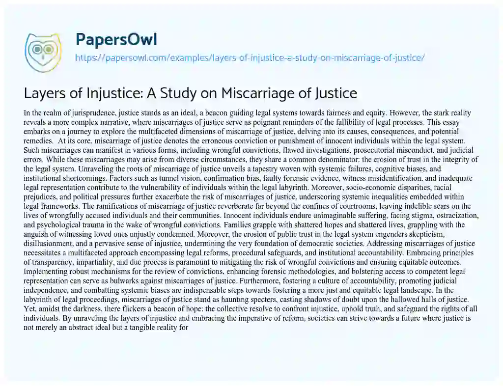 Essay on Layers of Injustice: a Study on Miscarriage of Justice