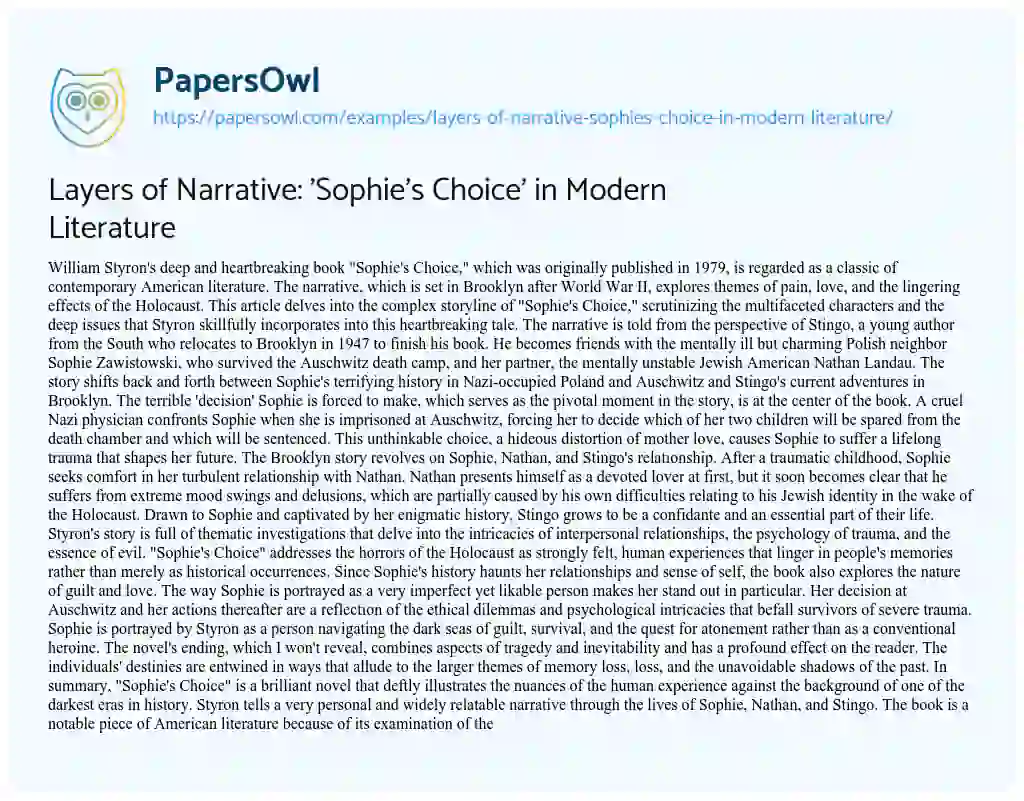 Essay on Layers of Narrative: ‘Sophie’s Choice’ in Modern Literature