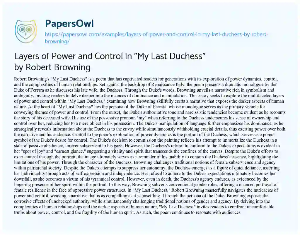 Essay on Layers of Power and Control in “My Last Duchess” by Robert Browning