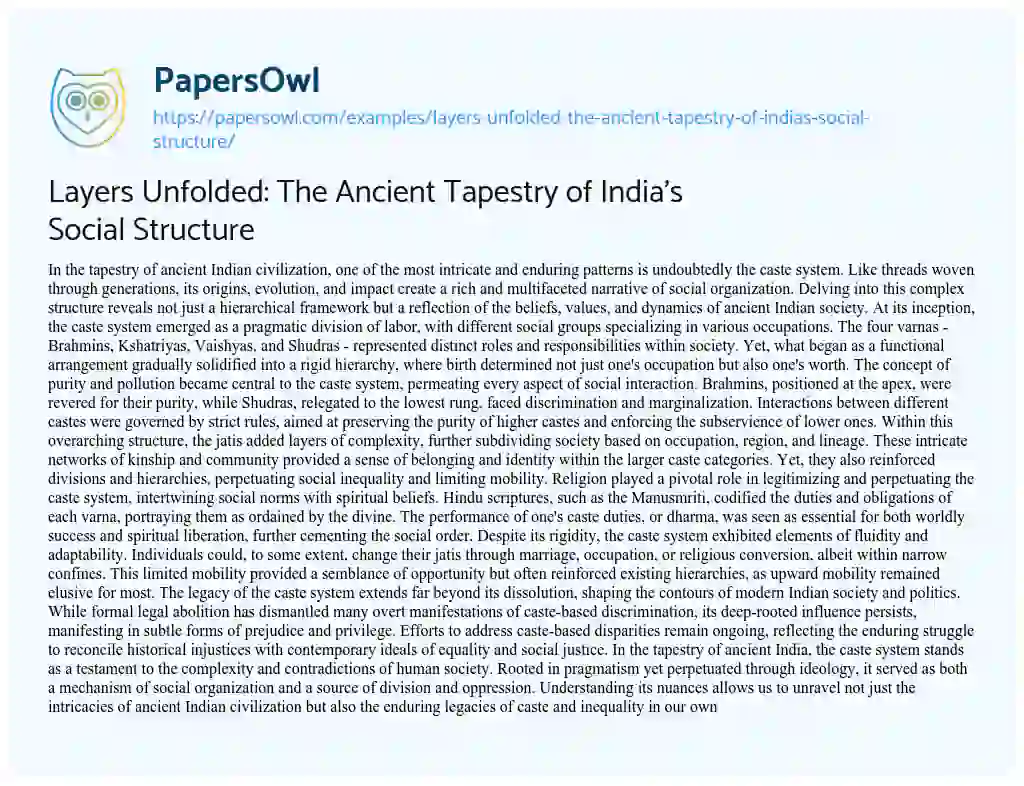 Essay on Layers Unfolded: the Ancient Tapestry of India’s Social Structure