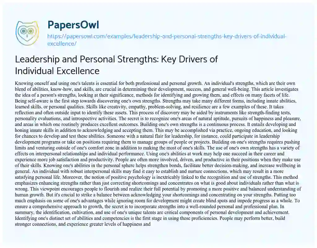 Essay on Leadership and Personal Strengths: Key Drivers of Individual Excellence