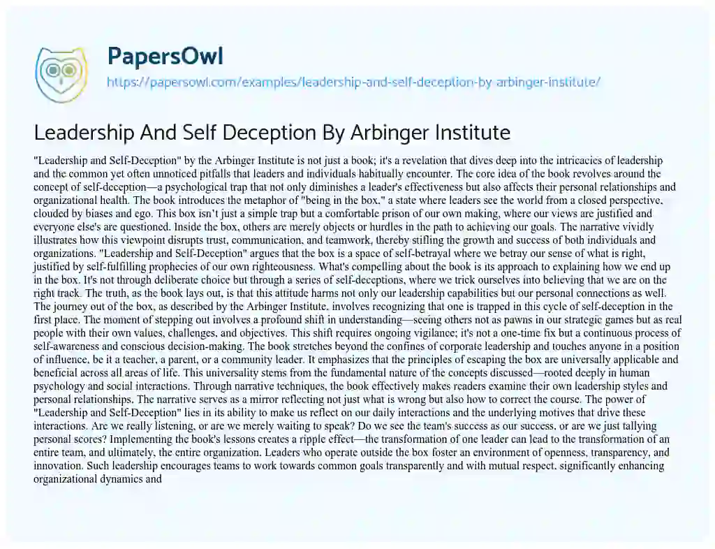 Essay on Leadership and Self Deception by Arbinger Institute