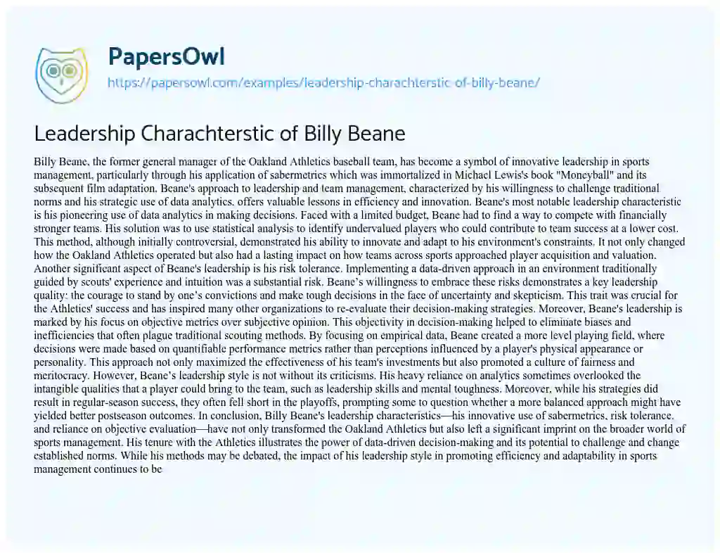Essay on Leadership Charachterstic of Billy Beane