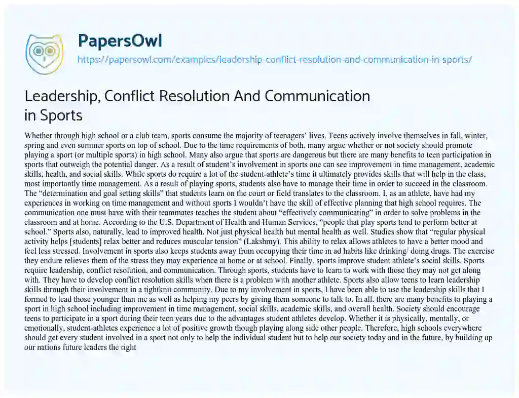 Essay on Leadership, Conflict Resolution and Communication in Sports