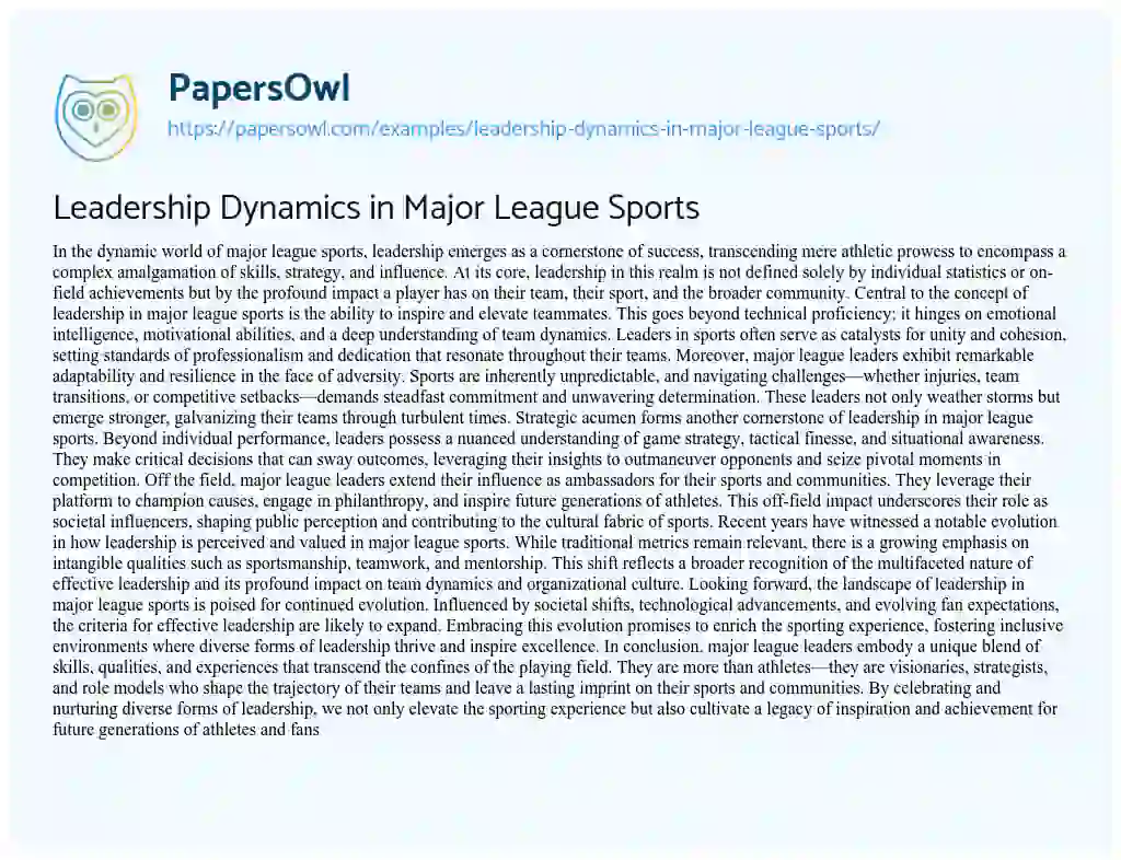 Essay on Leadership Dynamics in Major League Sports