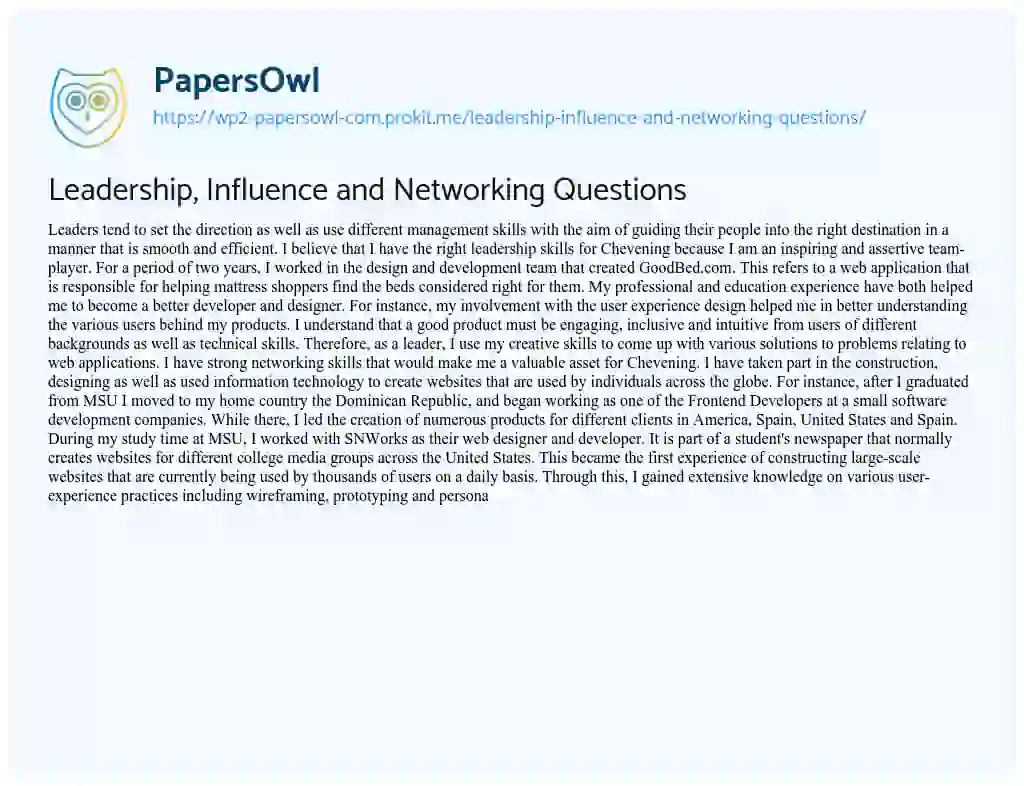 Essay on Leadership, Influence and Networking Questions