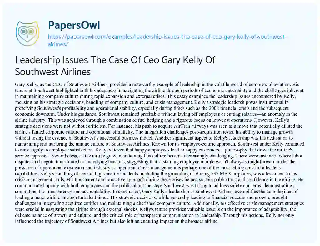 Essay on Leadership Issues the Case of Ceo Gary Kelly of Southwest Airlines