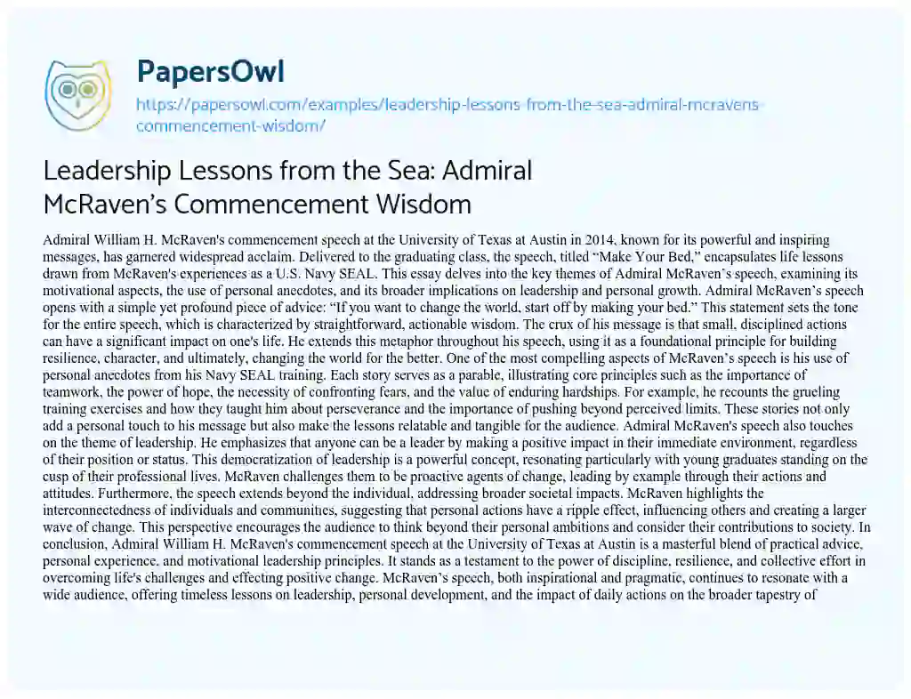 Essay on Leadership Lessons from the Sea: Admiral McRaven’s Commencement Wisdom