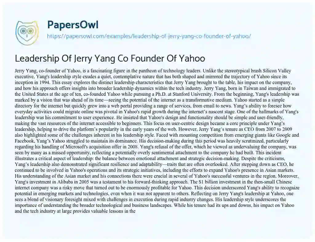 Essay on Leadership of Jerry Yang Co Founder of Yahoo