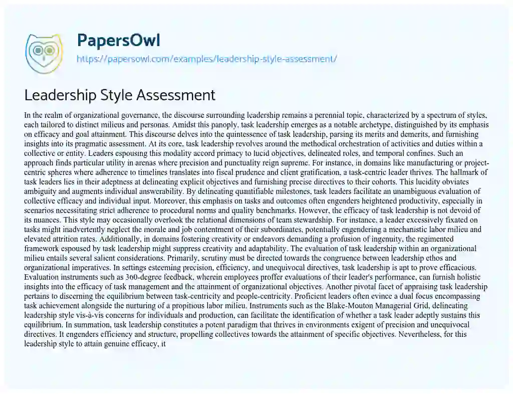 Essay on Leadership Style Assessment
