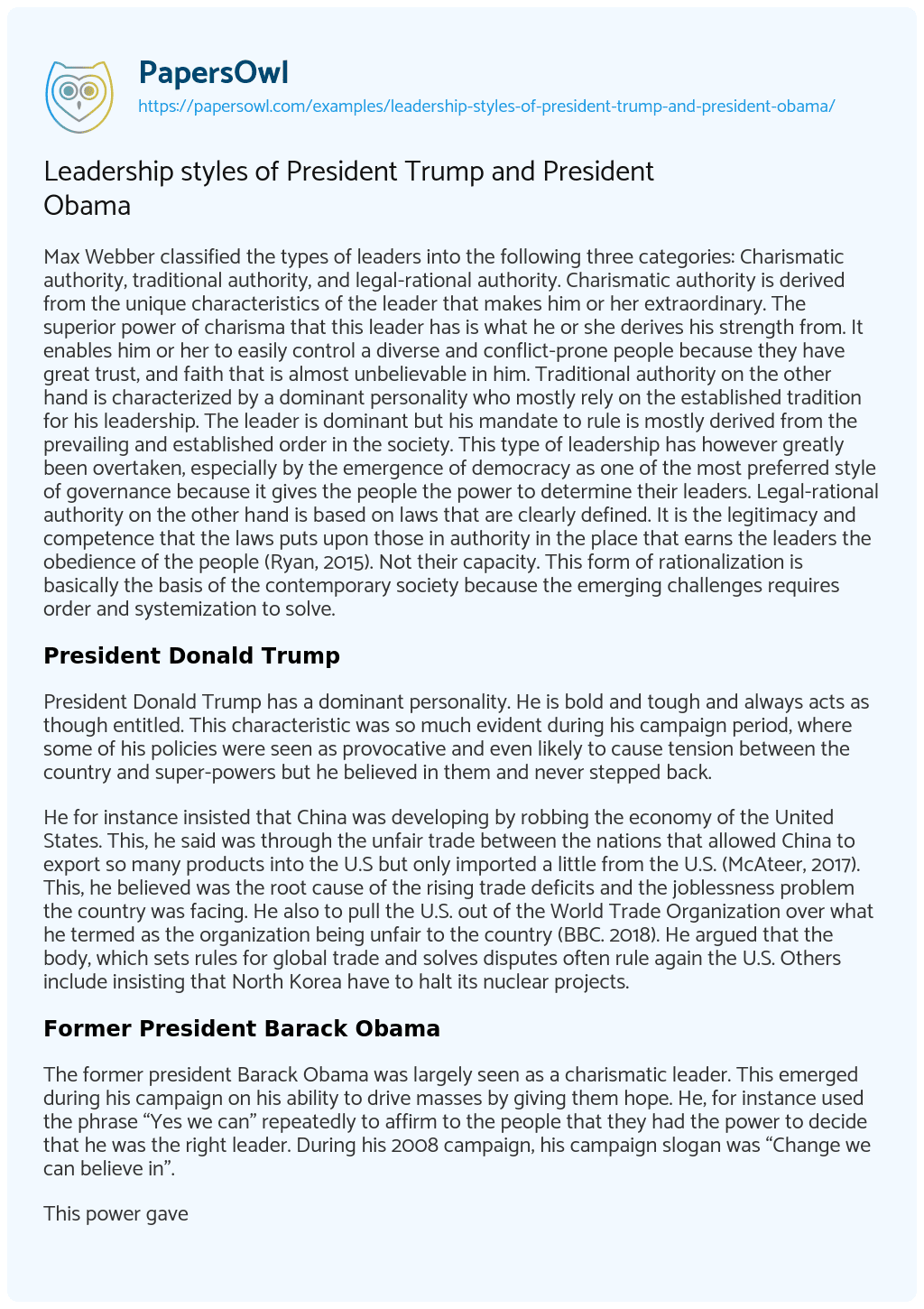 Leadership Styles of President Trump and President Obama essay