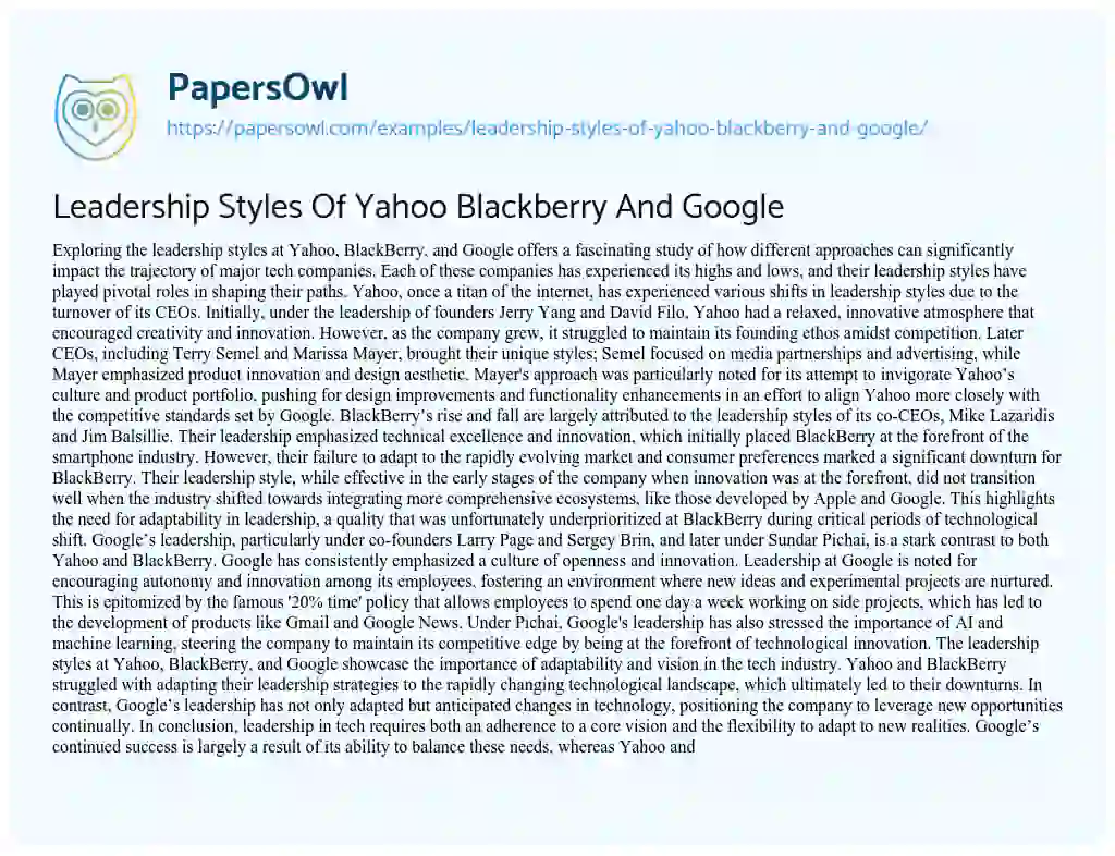 Essay on Leadership Styles of Yahoo Blackberry and Google