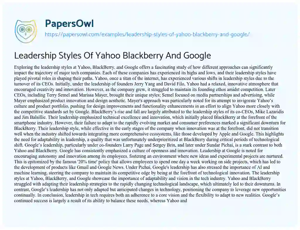 Leadership Styles Of Yahoo Blackberry And Google - Free Essay Example 