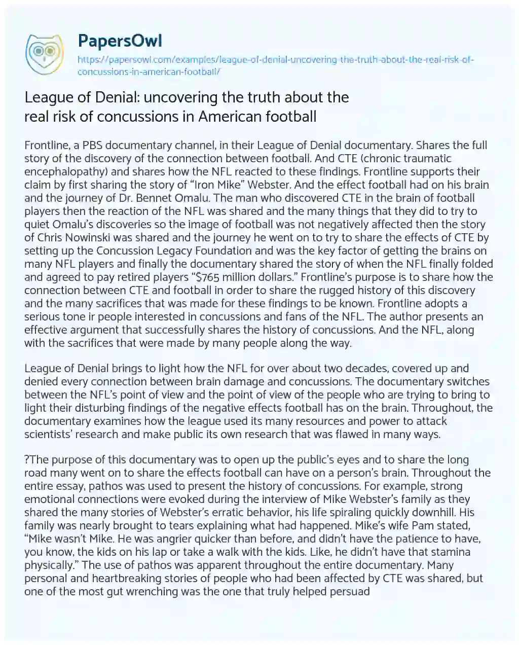 Essay on League of Denial: Uncovering the Truth about the Real Risk of Concussions in American Football
