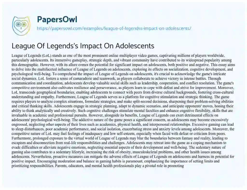 Essay on League of Legends’s Impact on Adolescents