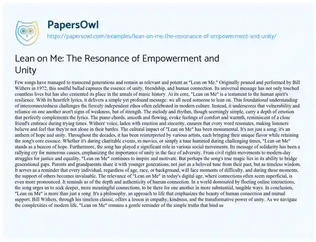 Essay on Lean on Me: the Resonance of Empowerment and Unity