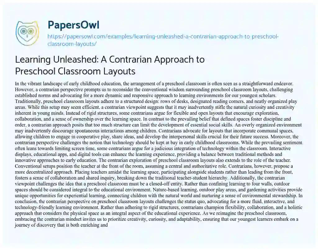 Essay on Learning Unleashed: a Contrarian Approach to Preschool Classroom Layouts