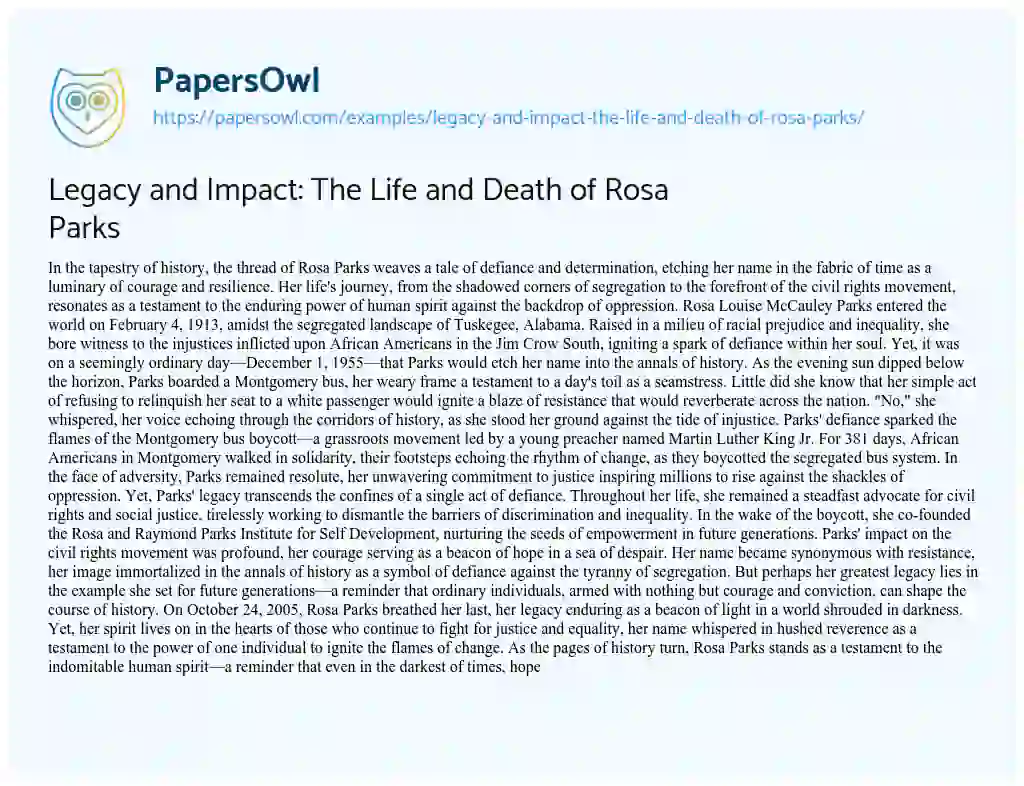 Essay on Legacy and Impact: the Life and Death of Rosa Parks