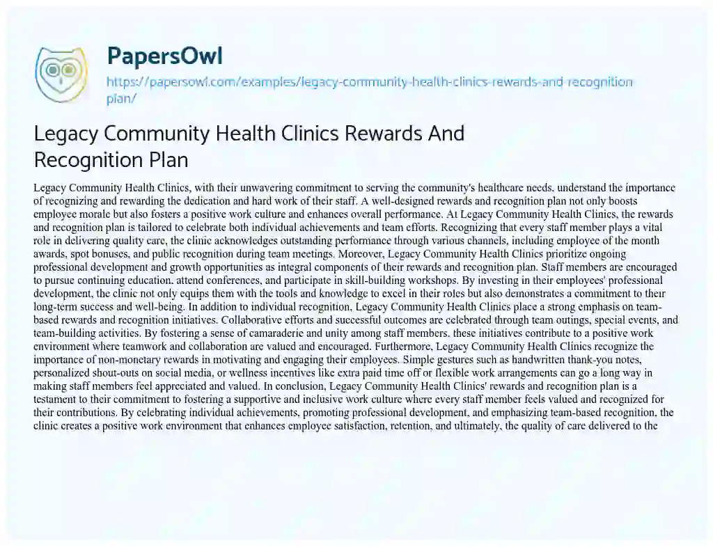 Essay on Legacy Community Health Clinics Rewards and Recognition Plan