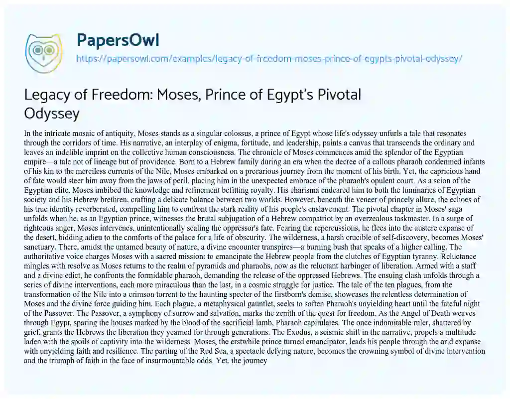 Essay on Legacy of Freedom: Moses, Prince of Egypt’s Pivotal Odyssey
