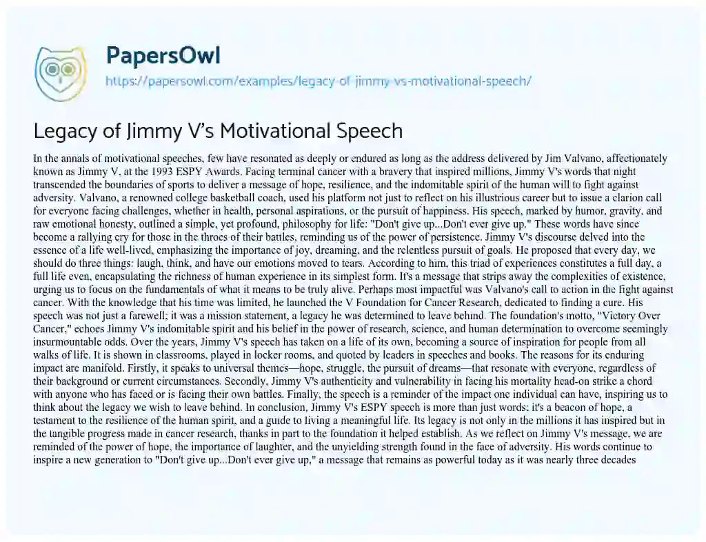 Essay on Legacy of Jimmy V’s Motivational Speech
