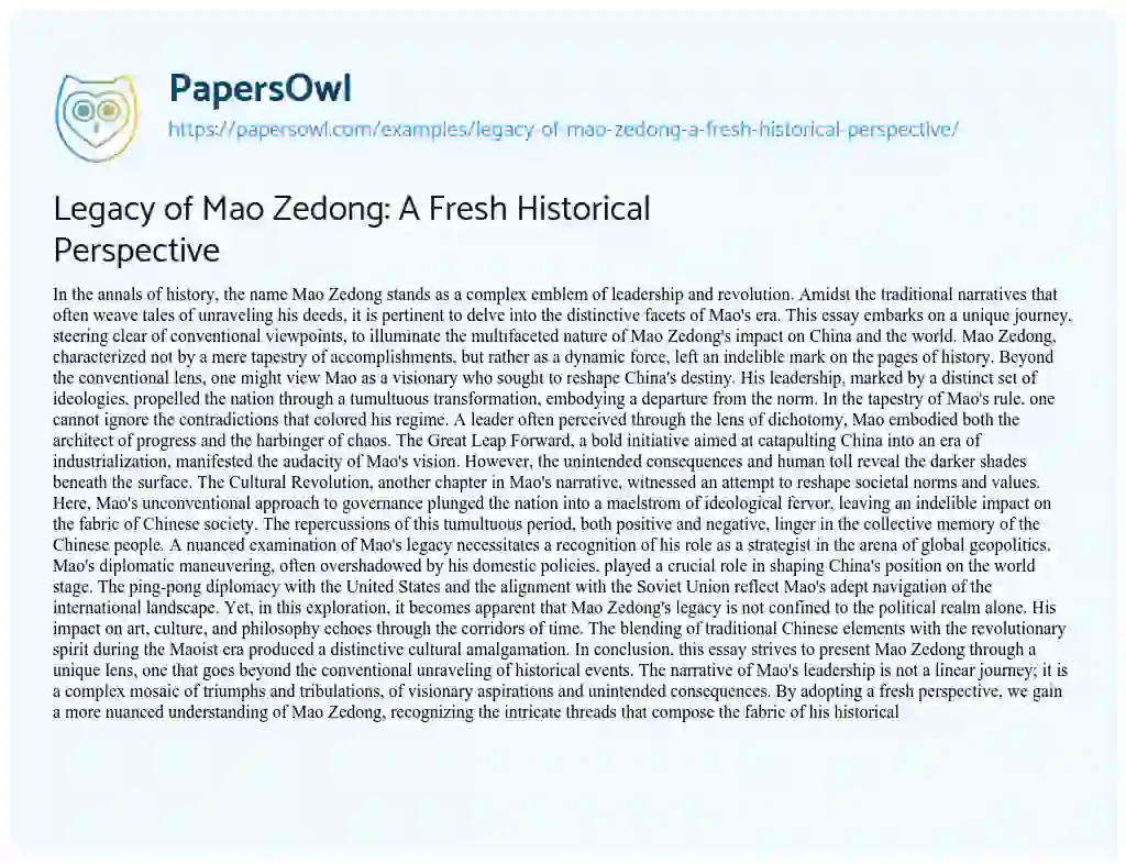Essay on Legacy of Mao Zedong: a Fresh Historical Perspective