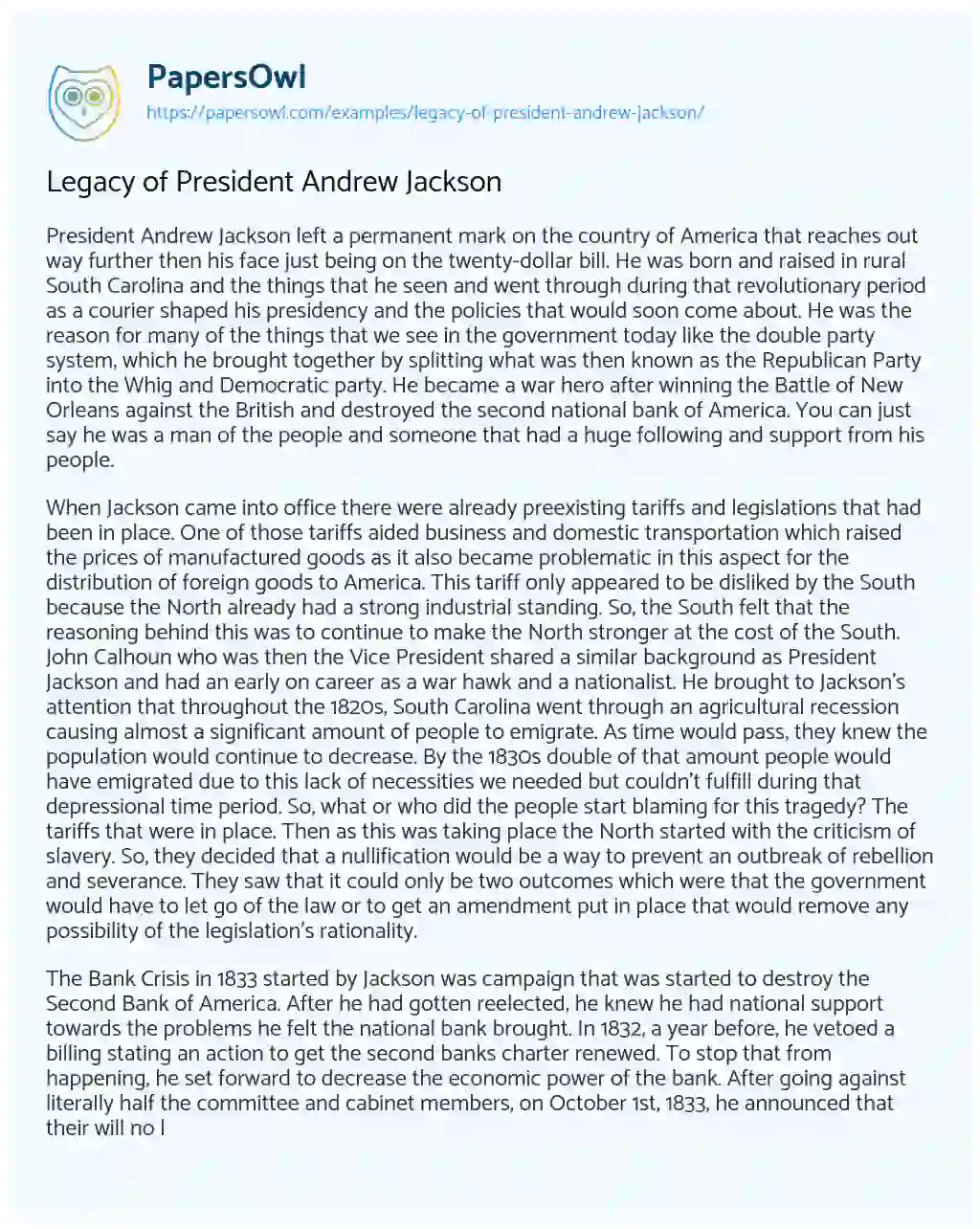 Legacy of President Andrew Jackson essay