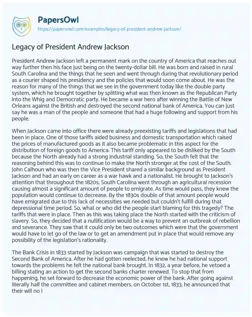 Essay on Legacy of President Andrew Jackson