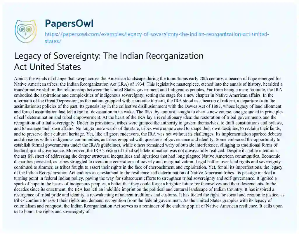 Essay on Legacy of Sovereignty: the Indian Reorganization Act United States