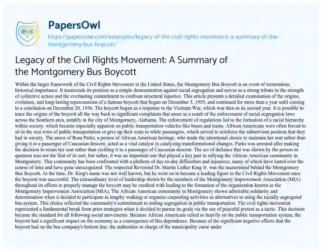 Essay on Legacy of the Civil Rights Movement: a Summary of the Montgomery Bus Boycott