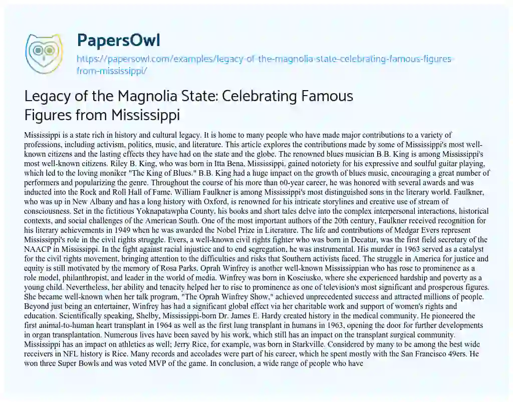 Essay on Legacy of the Magnolia State: Celebrating Famous Figures from Mississippi