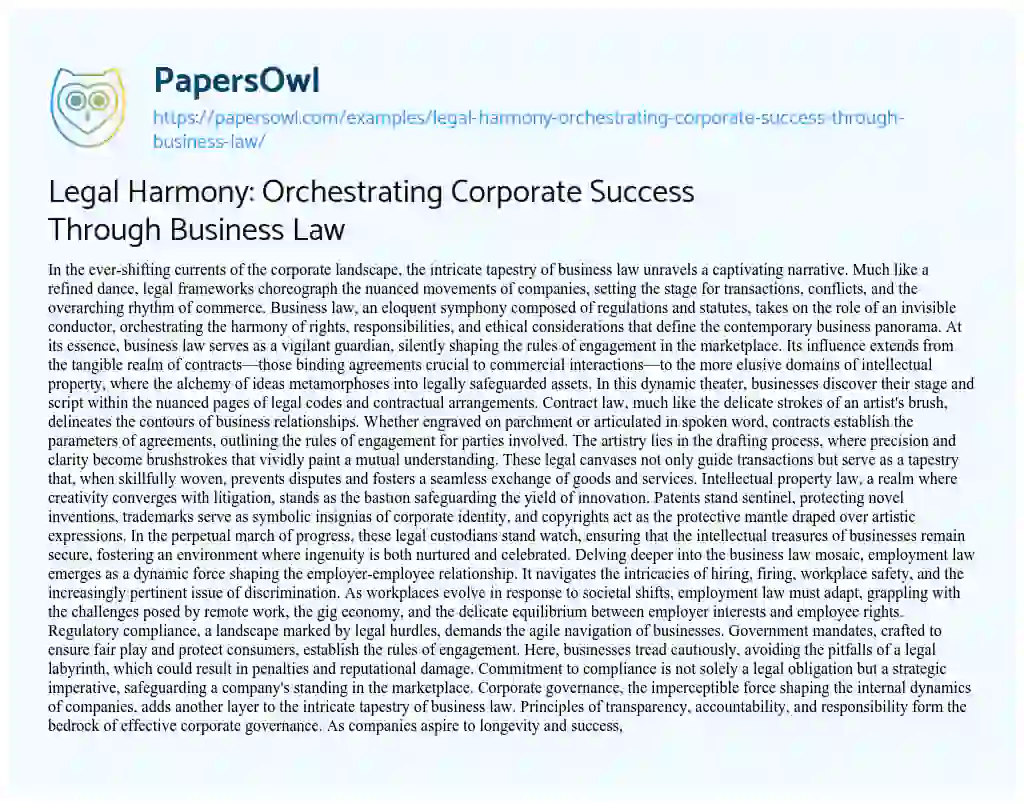 Essay on Legal Harmony: Orchestrating Corporate Success through Business Law