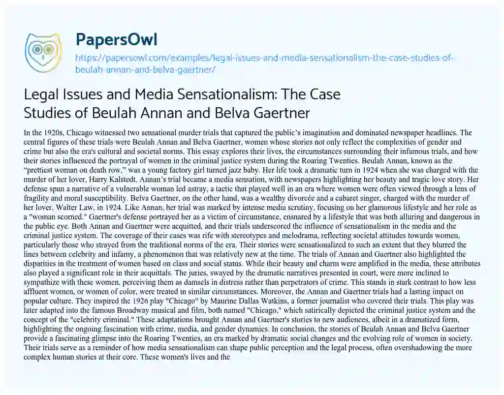 Essay on Legal Issues and Media Sensationalism: the Case Studies of Beulah Annan and Belva Gaertner