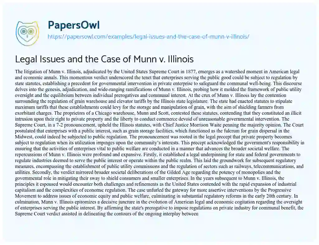 Essay on Legal Issues and the Case of Munn V. Illinois
