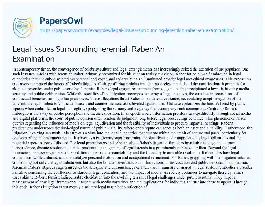Essay on Legal Issues Surrounding Jeremiah Raber: an Examination