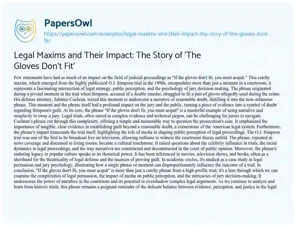 Essay on Legal Maxims and their Impact: the Story of ‘The Gloves don’t Fit’
